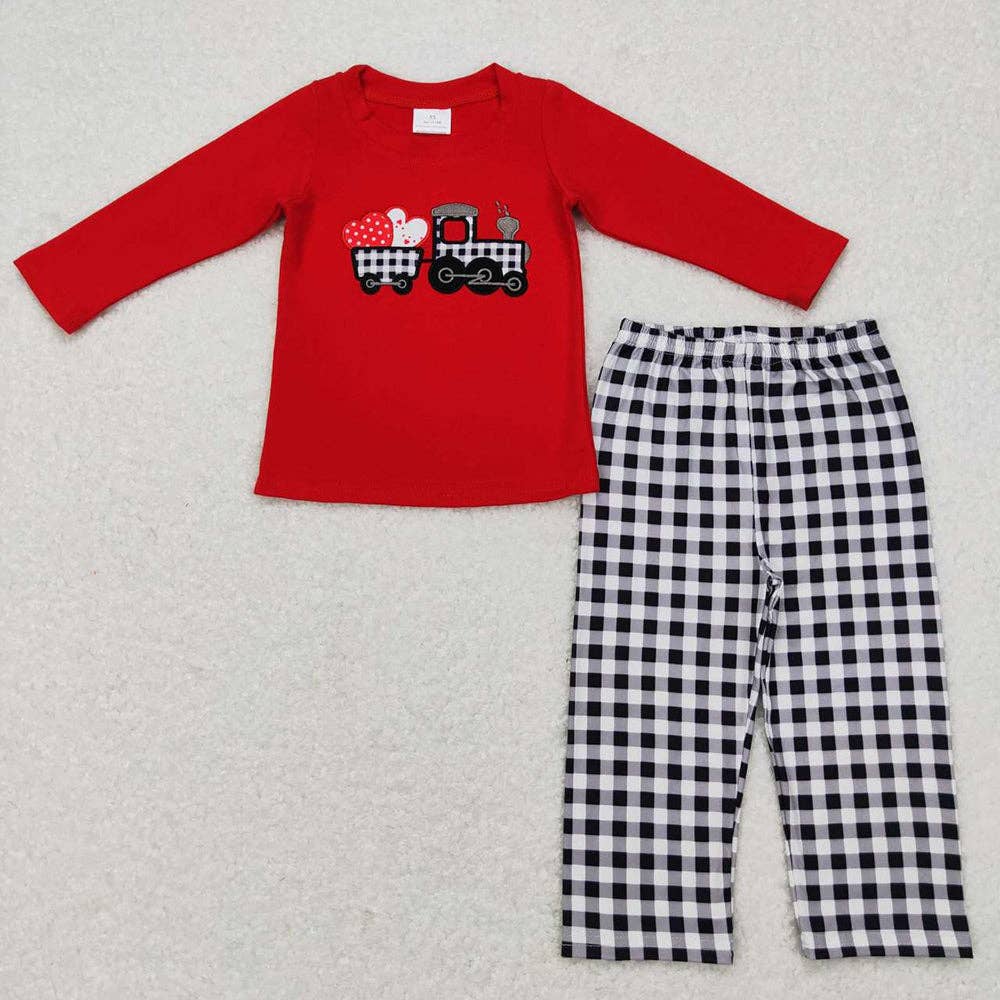 Baby Boys Valentines Hearts Tractor Top Black Checkered Pant